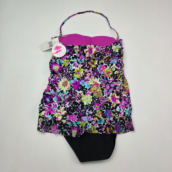 Floral Swim Dress One Piece Skirted Ruched Tropical Resort Swimsuit Womens M NWT - Picture 3 of 11